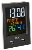 TFA Budík s ukazatelem vnitřní teploty a vlhkosti a USB výstupem pro dobíjení mobilních zařízení TFA 60.2537.01